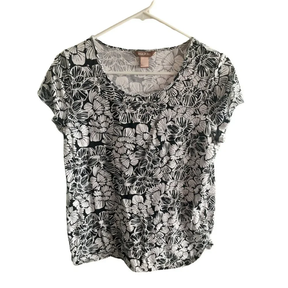 White Stag T-Shirt Beaded Black White Floral Top Medium 8 10 Casual Summer Shirt - Picture 1 of 8